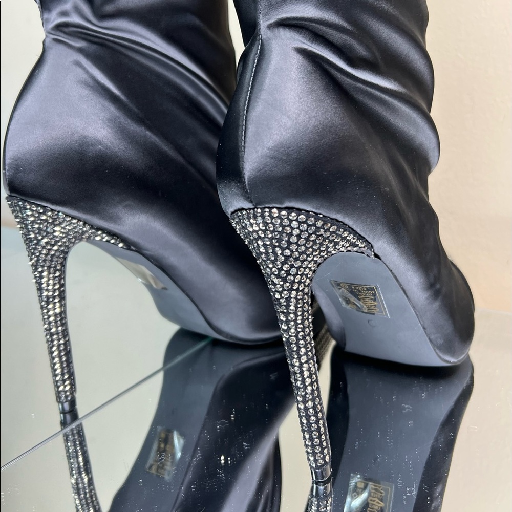 Black Satin Rhinestone Embellished Over the Knee Boots - Picture 9 of 12